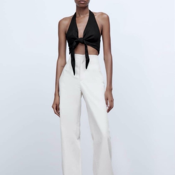 Zara Women’s Black Linen Halter Top w/Tie Front SZ M NWT - Picture 1 of 10